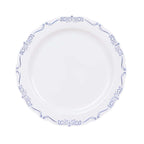10 - Pack Plastic 10" Round Dinner Plates in White with Blue Vintage Embossed Rim - Sturdy Disposable Scalloped Edge Party Plates - Bell Racket Store