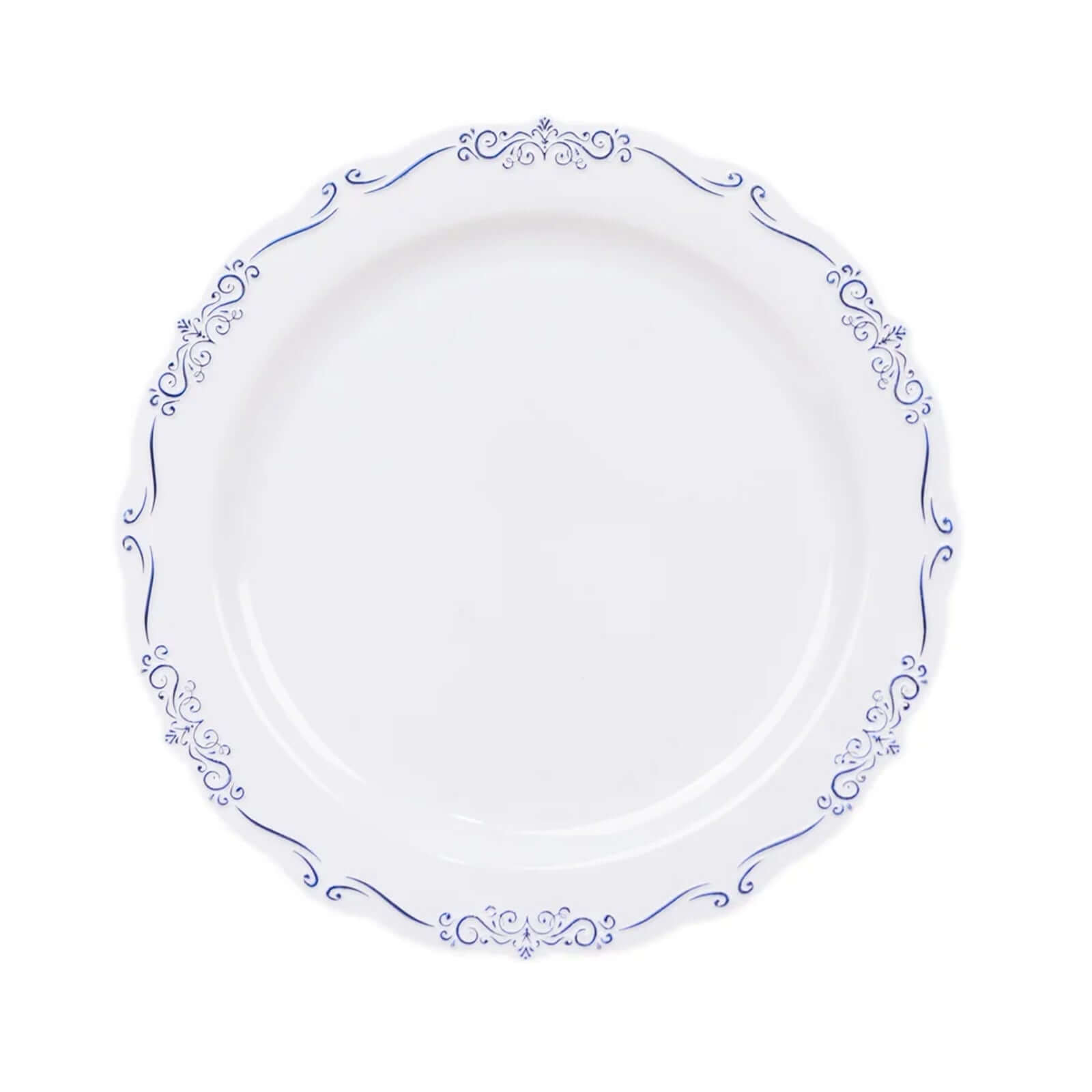 10 - Pack Plastic 10" Round Dinner Plates in White with Blue Vintage Embossed Rim - Sturdy Disposable Scalloped Edge Party Plates - Bell Racket Store
