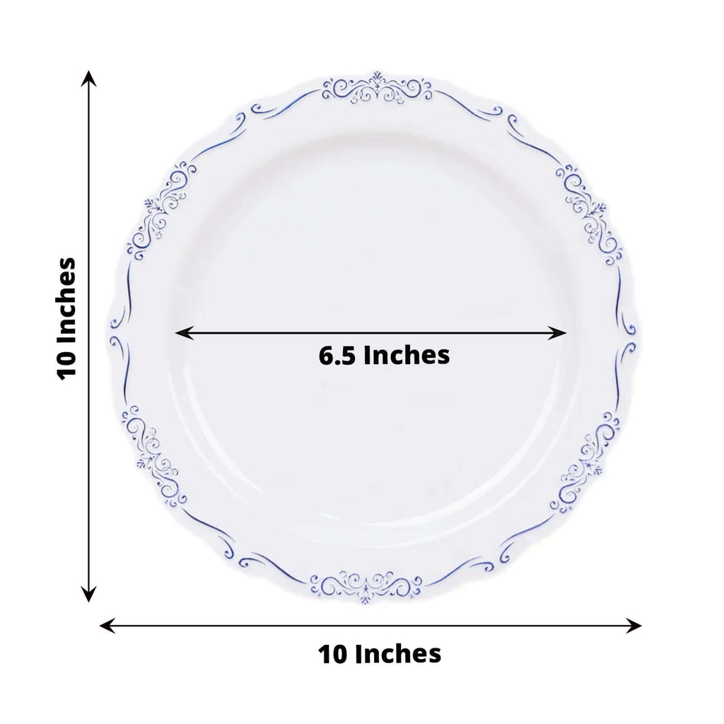 10 - Pack Plastic 10" Round Dinner Plates in White with Blue Vintage Embossed Rim - Sturdy Disposable Scalloped Edge Party Plates - Bell Racket Store