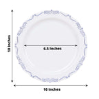 10 - Pack Plastic 10" Round Dinner Plates in White with Blue Vintage Embossed Rim - Sturdy Disposable Scalloped Edge Party Plates - Bell Racket Store