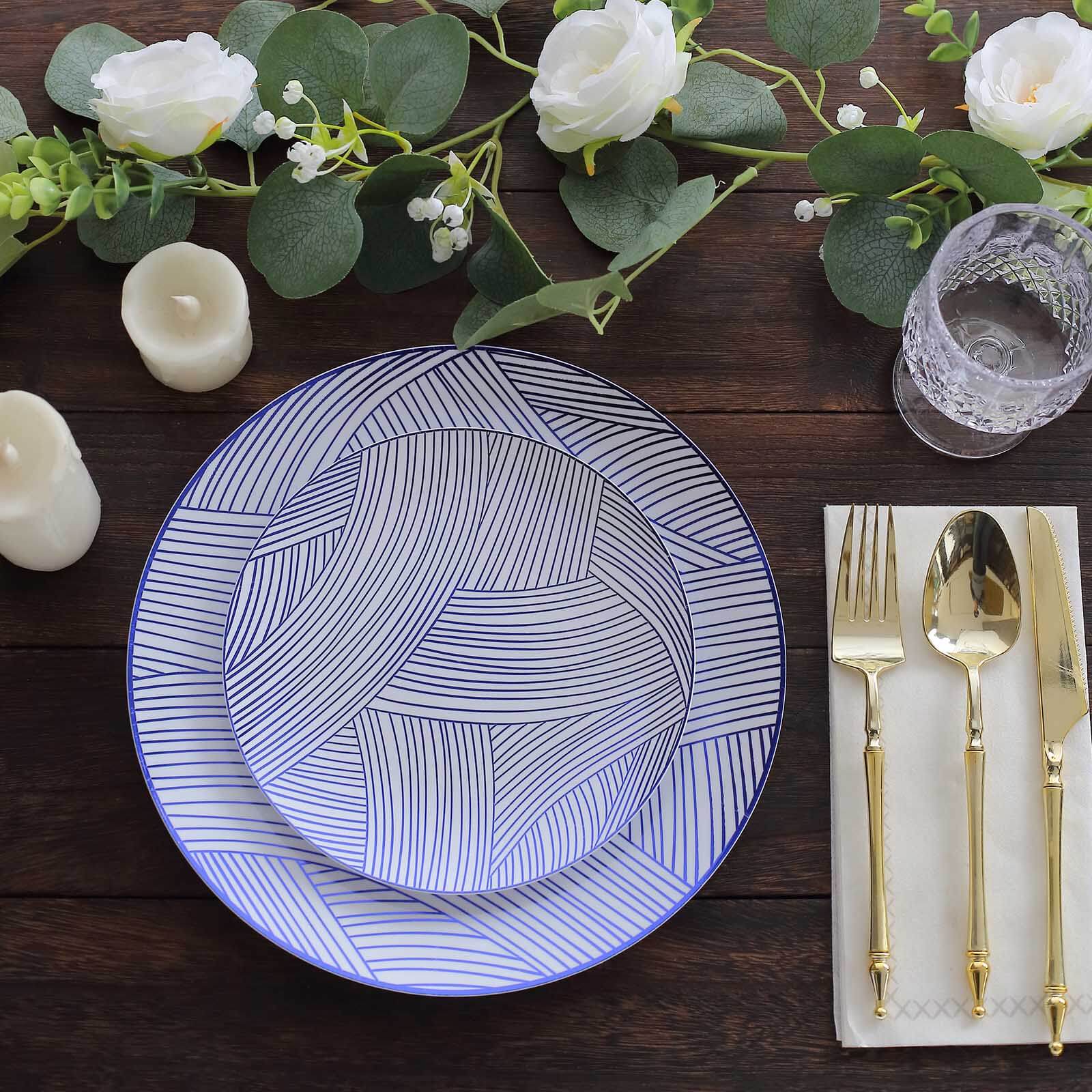 10 - Pack Plastic 10" Round Dinner Plates in White with Blue Wave Brush Strokes Pattern - Disposable Party Plates - Bell Racket Store