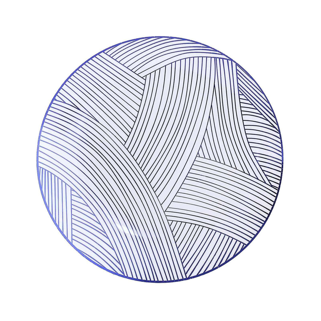 10 - Pack Plastic 10" Round Dinner Plates in White with Blue Wave Brush Strokes Pattern - Disposable Party Plates - Bell Racket Store