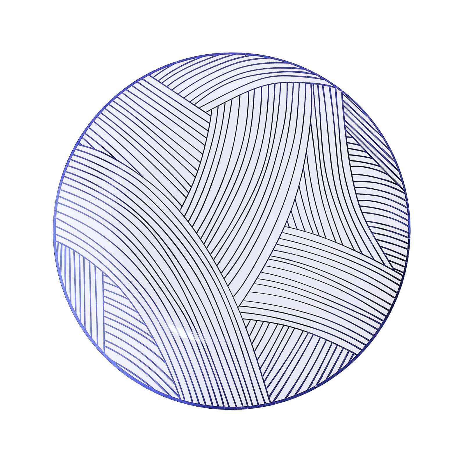 10 - Pack Plastic 10" Round Dinner Plates in White with Blue Wave Brush Strokes Pattern - Disposable Party Plates - Bell Racket Store