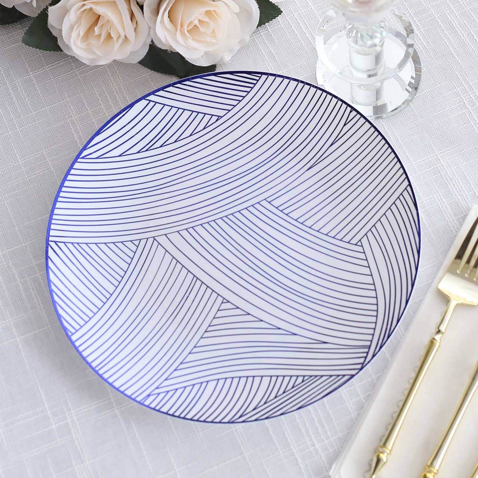 10 - Pack Plastic 10" Round Dinner Plates in White with Blue Wave Brush Strokes Pattern - Disposable Party Plates - Bell Racket Store