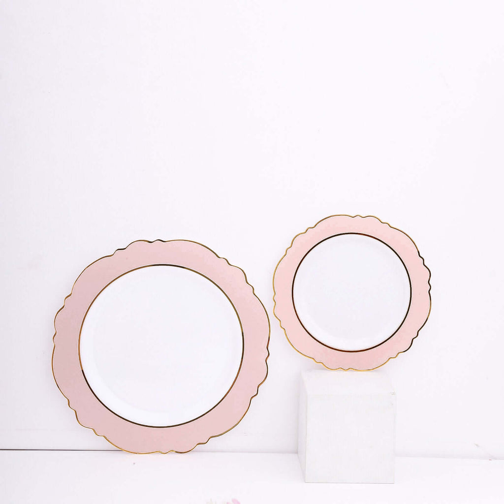 10 - Pack Plastic 10" Round Dinner Plates in White with Blush Blossom Design & Gold Edging - Disposable Party Plates - Bell Racket Store