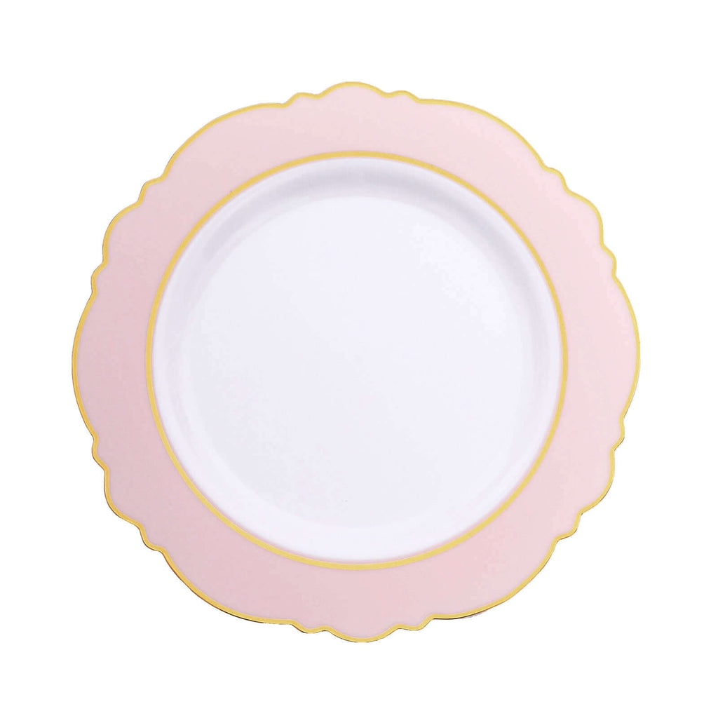 10 - Pack Plastic 10" Round Dinner Plates in White with Blush Blossom Design & Gold Edging - Disposable Party Plates - Bell Racket Store