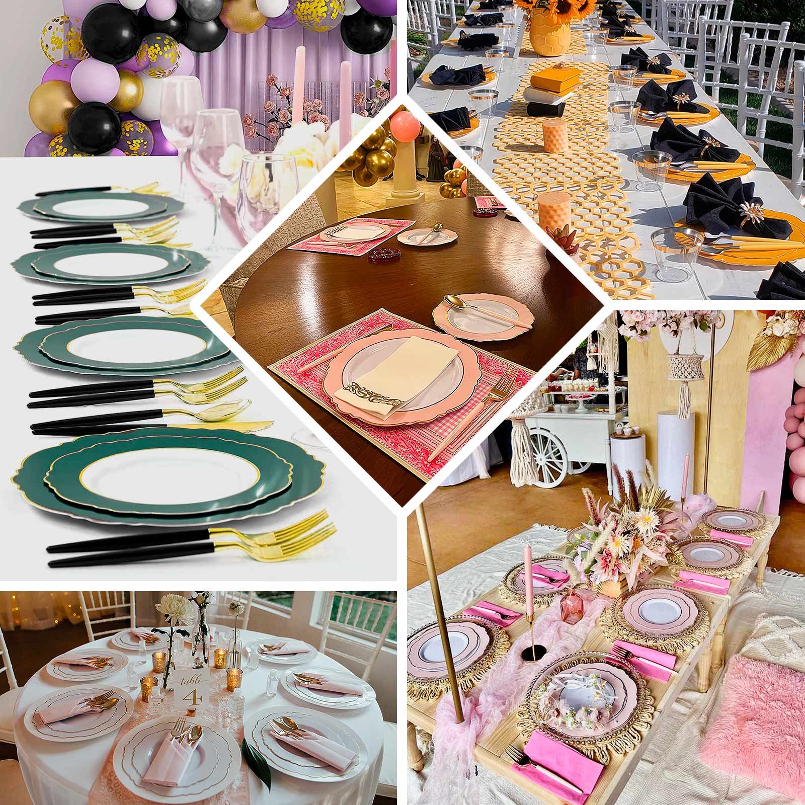 10 - Pack Plastic 10" Round Dinner Plates in White with Blush Blossom Design & Gold Edging - Disposable Party Plates - Bell Racket Store