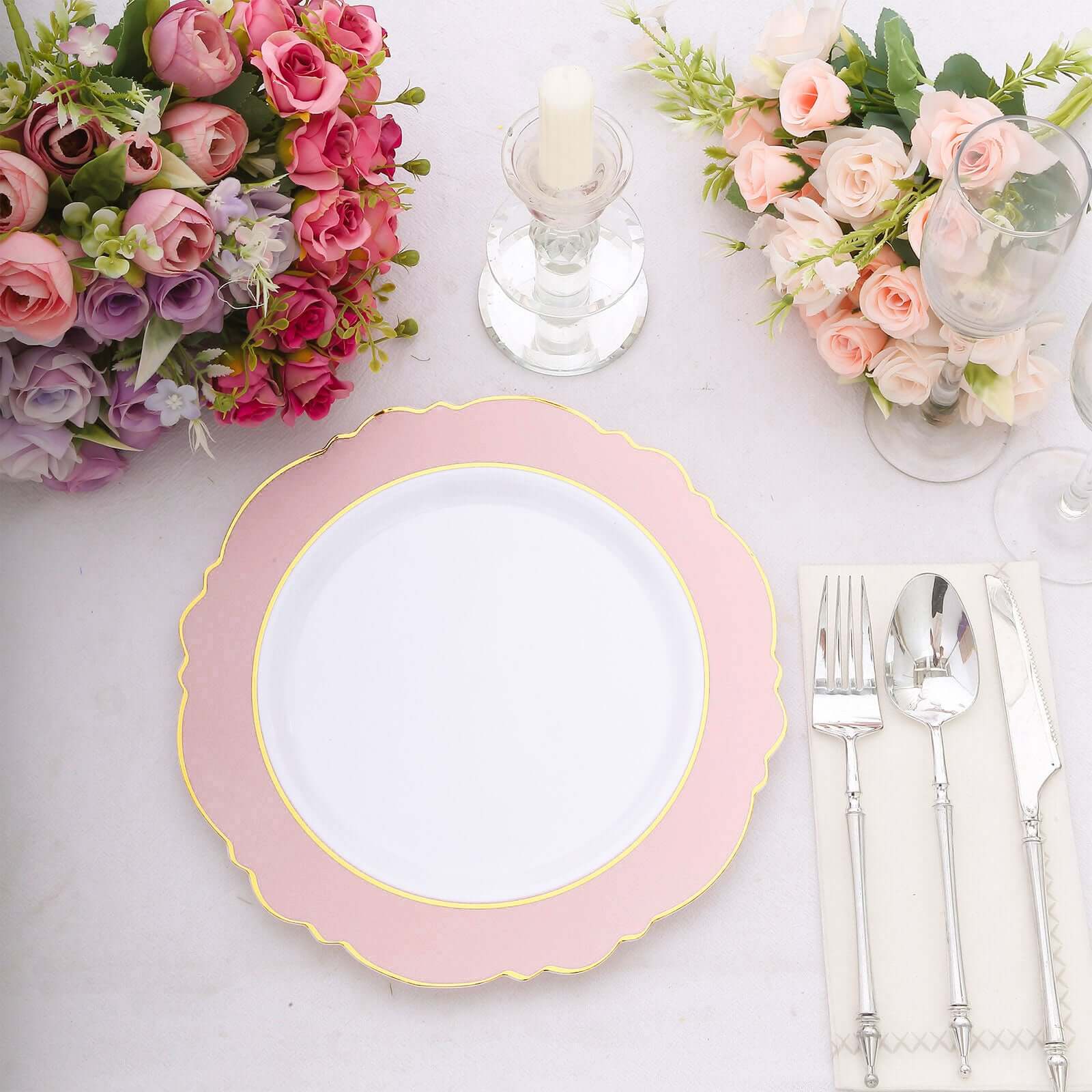 10 - Pack Plastic 10" Round Dinner Plates in White with Blush Blossom Design & Gold Edging - Disposable Party Plates - Bell Racket Store