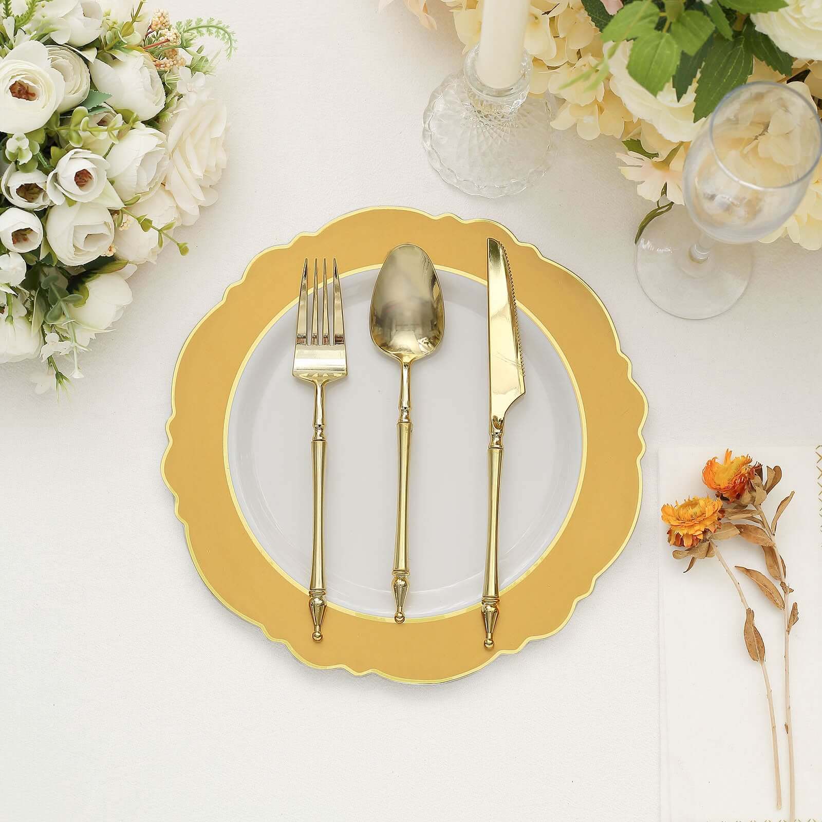 10 - Pack Plastic 10" Round Dinner Plates in White with Gold Blossom Design & Gold Edging - Disposable Party Plates for Modern & Classy Table Decor - Bell Racket Store