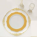 10 - Pack Plastic 10" Round Dinner Plates in White with Gold Blossom Design & Gold Edging - Disposable Party Plates for Modern & Classy Table Decor - Bell Racket Store