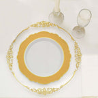 10 - Pack Plastic 10" Round Dinner Plates in White with Gold Blossom Design & Gold Edging - Disposable Party Plates for Modern & Classy Table Decor - Bell Racket Store
