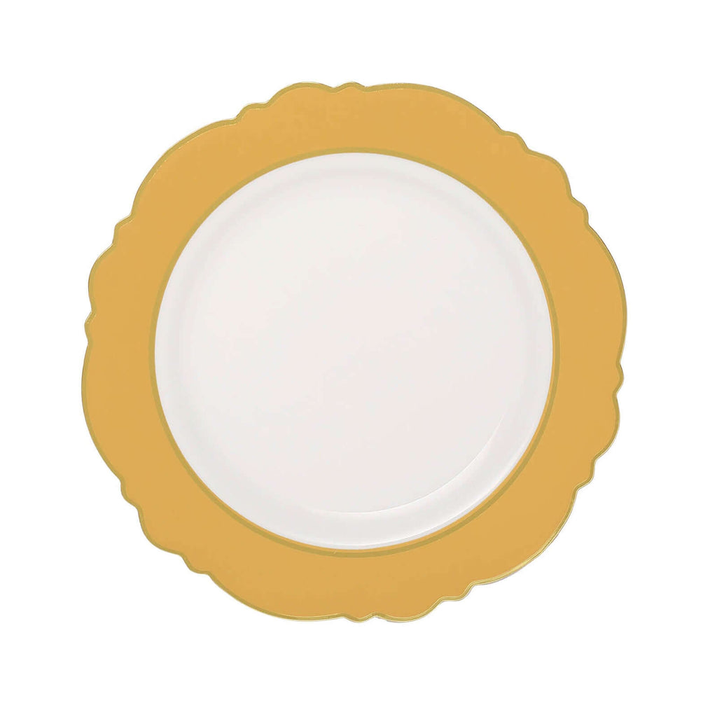 10 - Pack Plastic 10" Round Dinner Plates in White with Gold Blossom Design & Gold Edging - Disposable Party Plates for Modern & Classy Table Decor - Bell Racket Store
