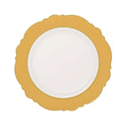 10 - Pack Plastic 10" Round Dinner Plates in White with Gold Blossom Design & Gold Edging - Disposable Party Plates for Modern & Classy Table Decor - Bell Racket Store