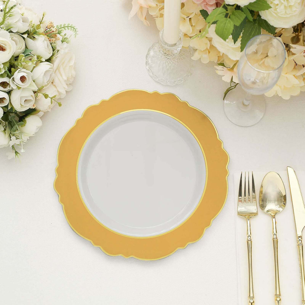 10 - Pack Plastic 10" Round Dinner Plates in White with Gold Blossom Design & Gold Edging - Disposable Party Plates for Modern & Classy Table Decor - Bell Racket Store