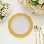 10 - Pack Plastic 10" Round Dinner Plates in White with Gold Blossom Design & Gold Edging - Disposable Party Plates for Modern & Classy Table Decor - Bell Racket Store