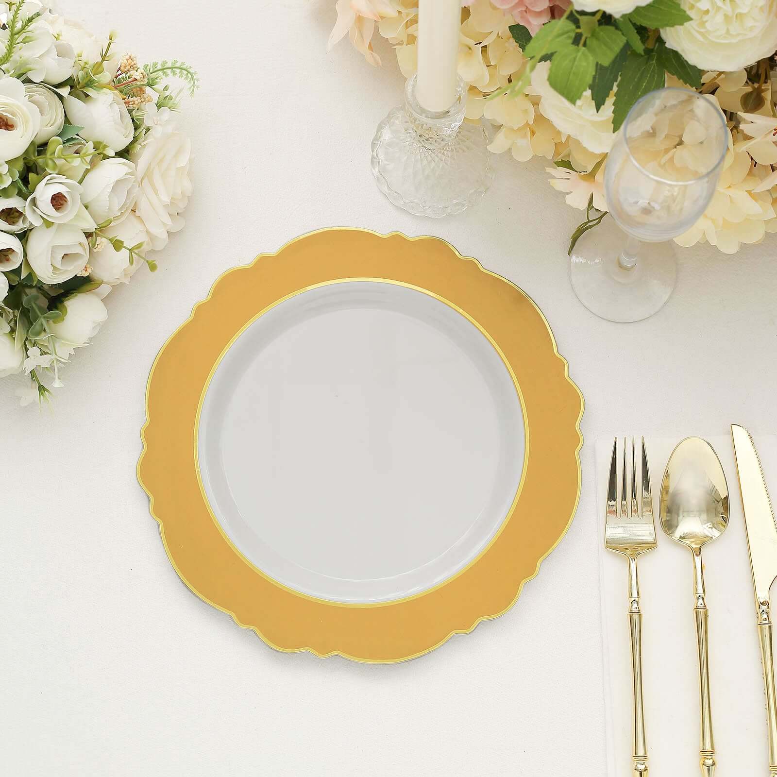 10 - Pack Plastic 10" Round Dinner Plates in White with Gold Blossom Design & Gold Edging - Disposable Party Plates for Modern & Classy Table Decor - Bell Racket Store