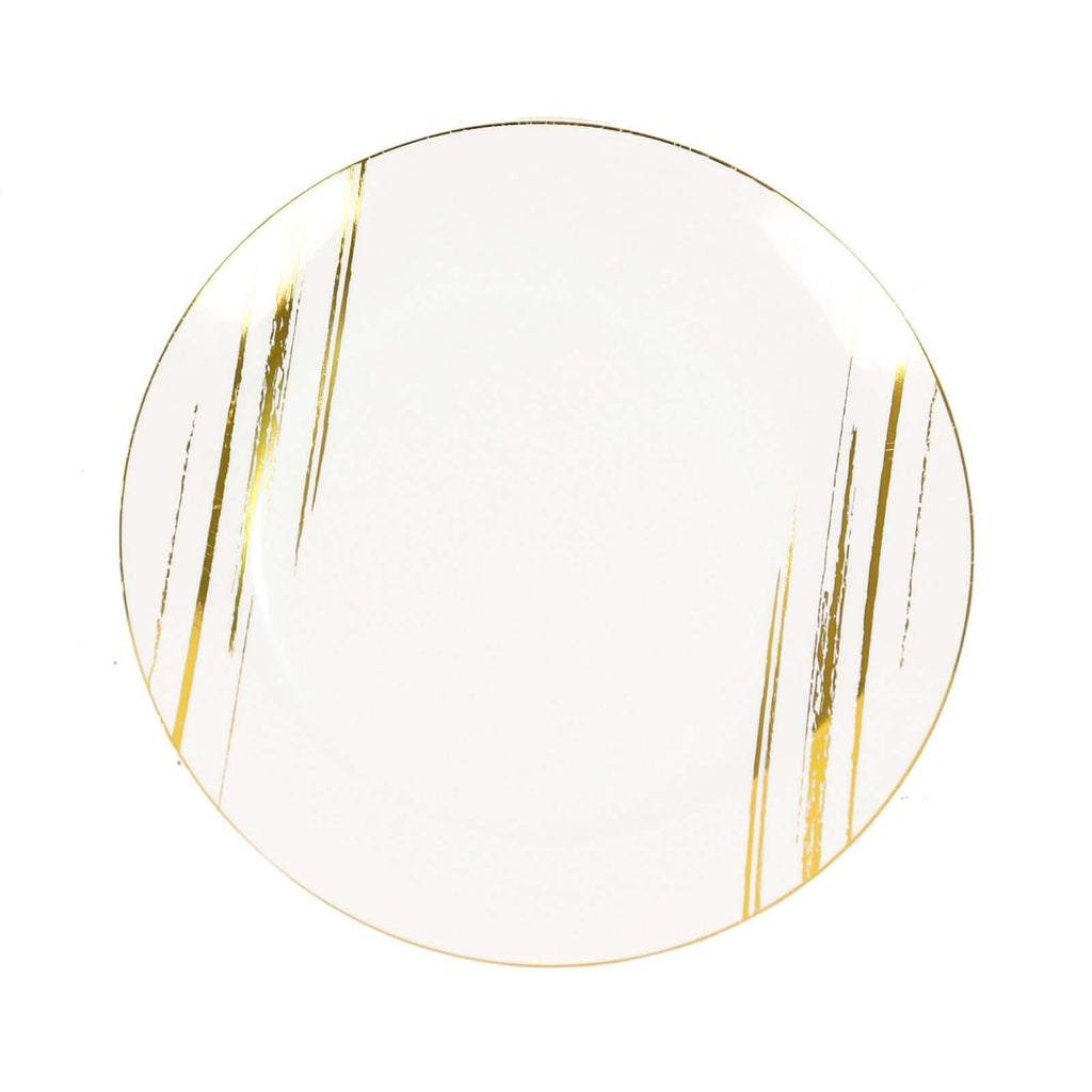 10 - Pack Plastic 10" Round Dinner Plates in White with Gold Brush Stroked Print - Disposable Party Dinnerware for Modern Themed Events & Banquets - Bell Racket Store