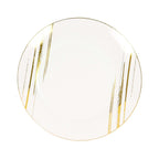 10 - Pack Plastic 10" Round Dinner Plates in White with Gold Brush Stroked Print - Disposable Party Dinnerware for Modern Themed Events & Banquets - Bell Racket Store