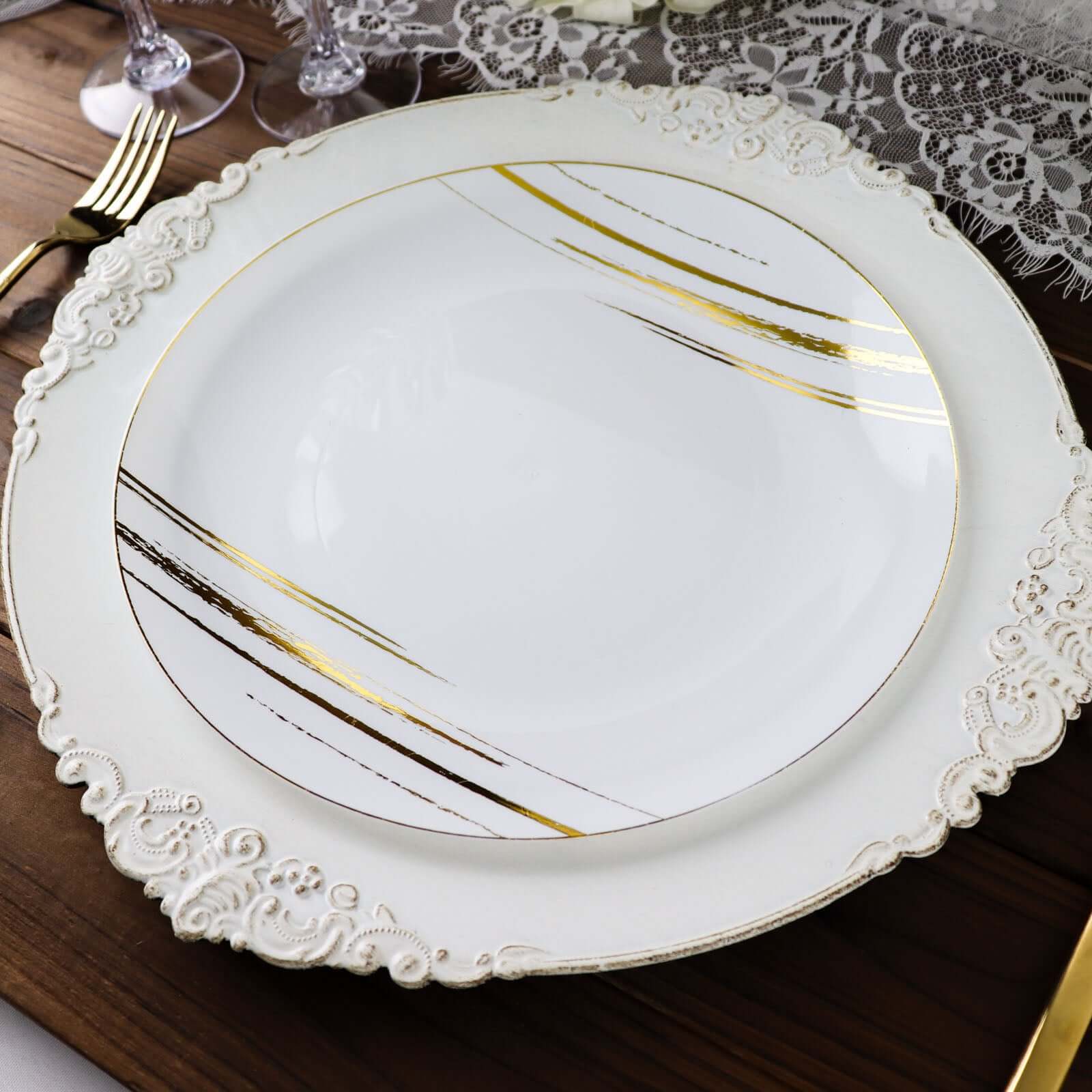10 - Pack Plastic 10" Round Dinner Plates in White with Gold Brush Stroked Print - Disposable Party Dinnerware for Modern Themed Events & Banquets - Bell Racket Store