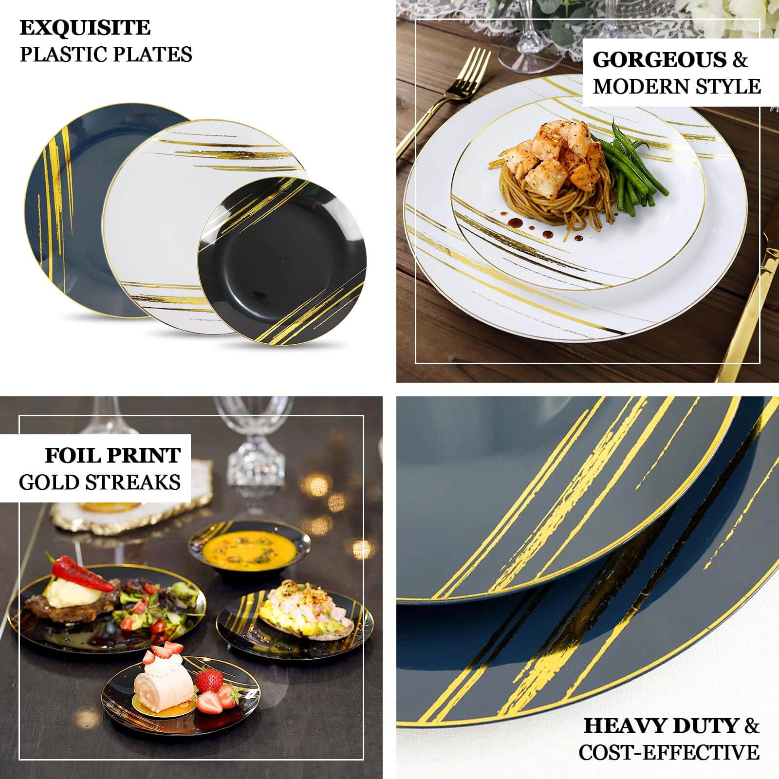 10 - Pack Plastic 10" Round Dinner Plates in White with Gold Brush Stroked Print - Disposable Party Dinnerware for Modern Themed Events & Banquets - Bell Racket Store