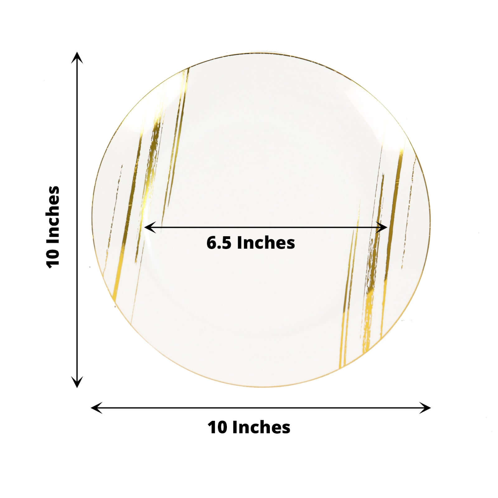 10 - Pack Plastic 10" Round Dinner Plates in White with Gold Brush Stroked Print - Disposable Party Dinnerware for Modern Themed Events & Banquets - Bell Racket Store