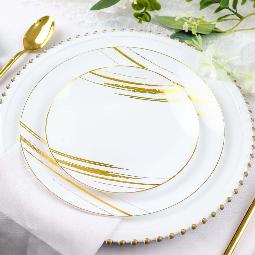 10 - Pack Plastic 10" Round Dinner Plates in White with Gold Brush Stroked Print - Disposable Party Dinnerware for Modern Themed Events & Banquets - Bell Racket Store
