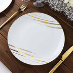 10 - Pack Plastic 10" Round Dinner Plates in White with Gold Brush Stroked Print - Disposable Party Dinnerware for Modern Themed Events & Banquets - Bell Racket Store