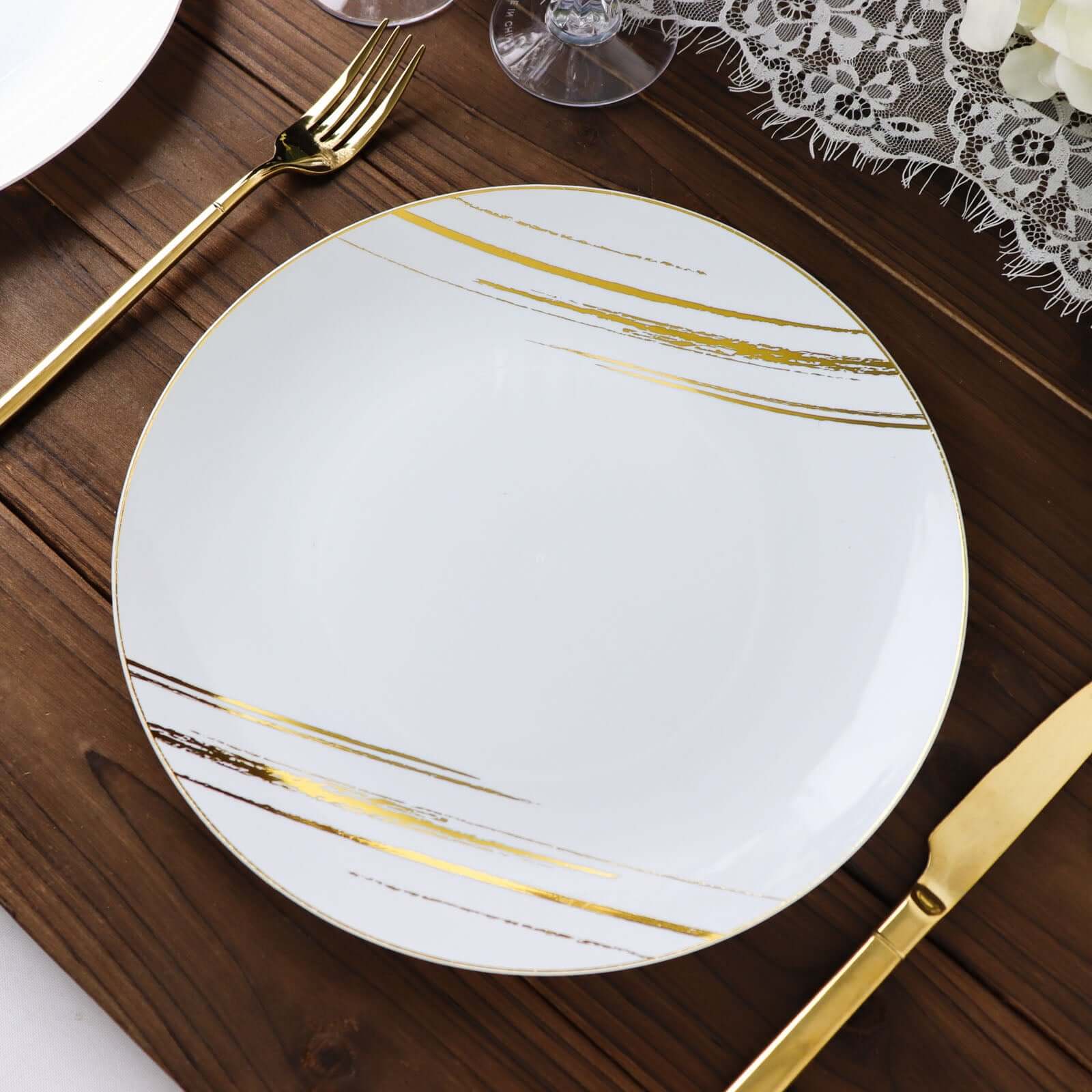 10 - Pack Plastic 10" Round Dinner Plates in White with Gold Brush Stroked Print - Disposable Party Dinnerware for Modern Themed Events & Banquets - Bell Racket Store