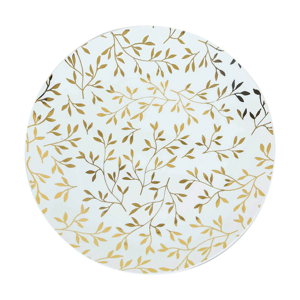 10 - Pack Plastic 10" Round Dinner Plates in White with Gold Leaf Design - Heavy Duty Disposable Party Plates for Stylish Events & Memorable Gatherings - Bell Racket Store
