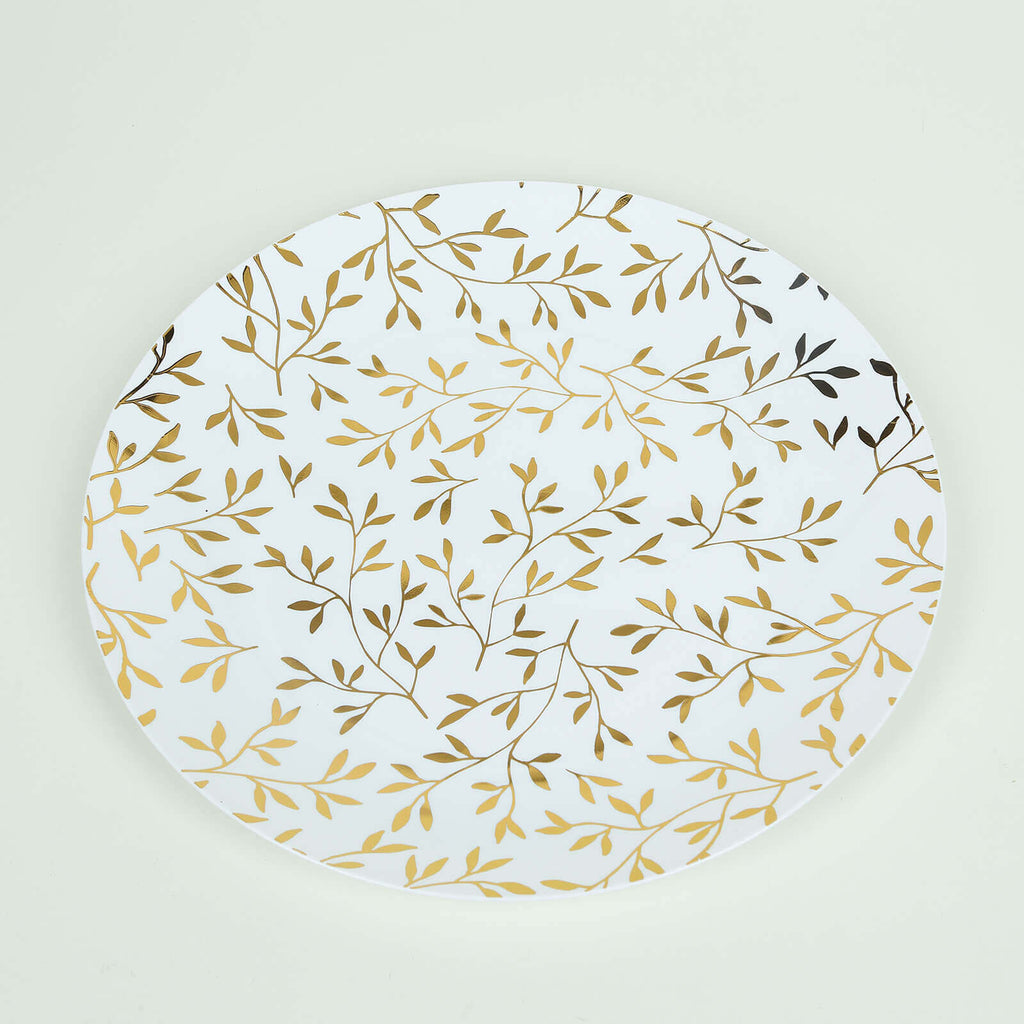 10 - Pack Plastic 10" Round Dinner Plates in White with Gold Leaf Design - Heavy Duty Disposable Party Plates for Stylish Events & Memorable Gatherings - Bell Racket Store