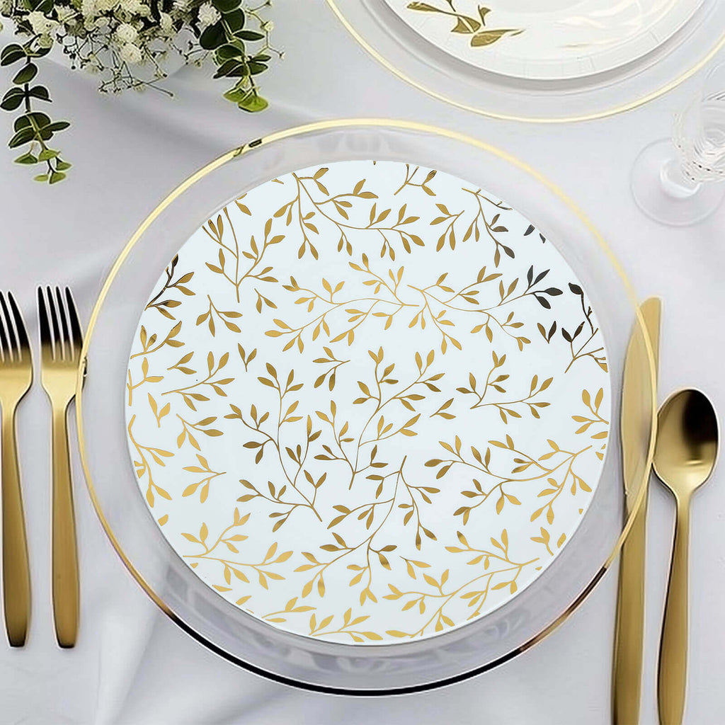 10 - Pack Plastic 10" Round Dinner Plates in White with Gold Leaf Design - Heavy Duty Disposable Party Plates for Stylish Events & Memorable Gatherings - Bell Racket Store