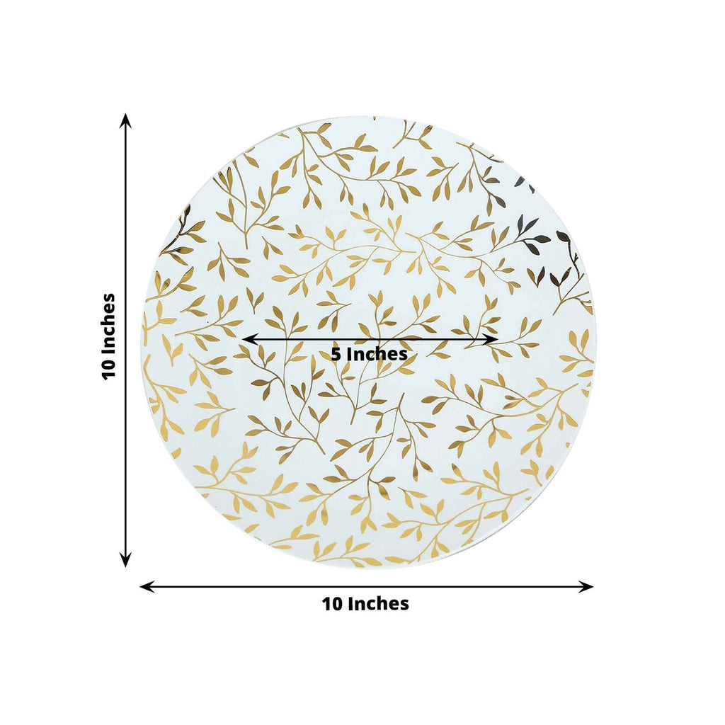 10 - Pack Plastic 10" Round Dinner Plates in White with Gold Leaf Design - Heavy Duty Disposable Party Plates for Stylish Events & Memorable Gatherings - Bell Racket Store
