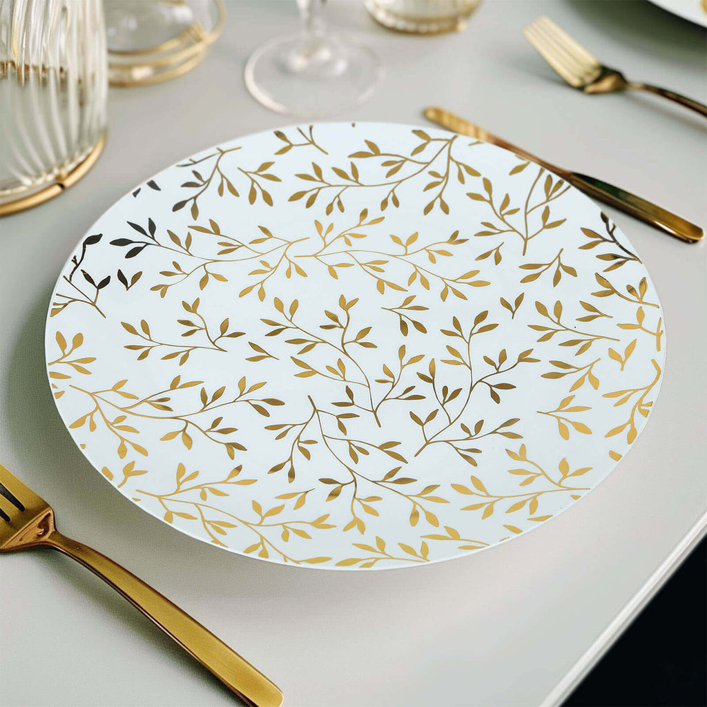 10 - Pack Plastic 10" Round Dinner Plates in White with Gold Leaf Design - Heavy Duty Disposable Party Plates for Stylish Events & Memorable Gatherings - Bell Racket Store