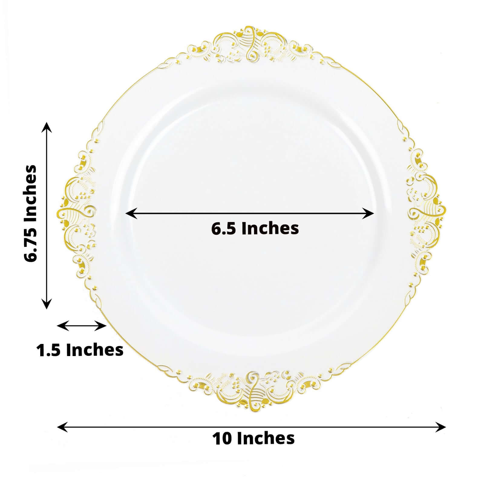 10 - Pack Plastic 10" Round Dinner Plates in White with Gold Leaf Embossed Rim - Disposable Vintage Baroque Style Plates for Luxurious Gatherings & Events - Bell Racket Store