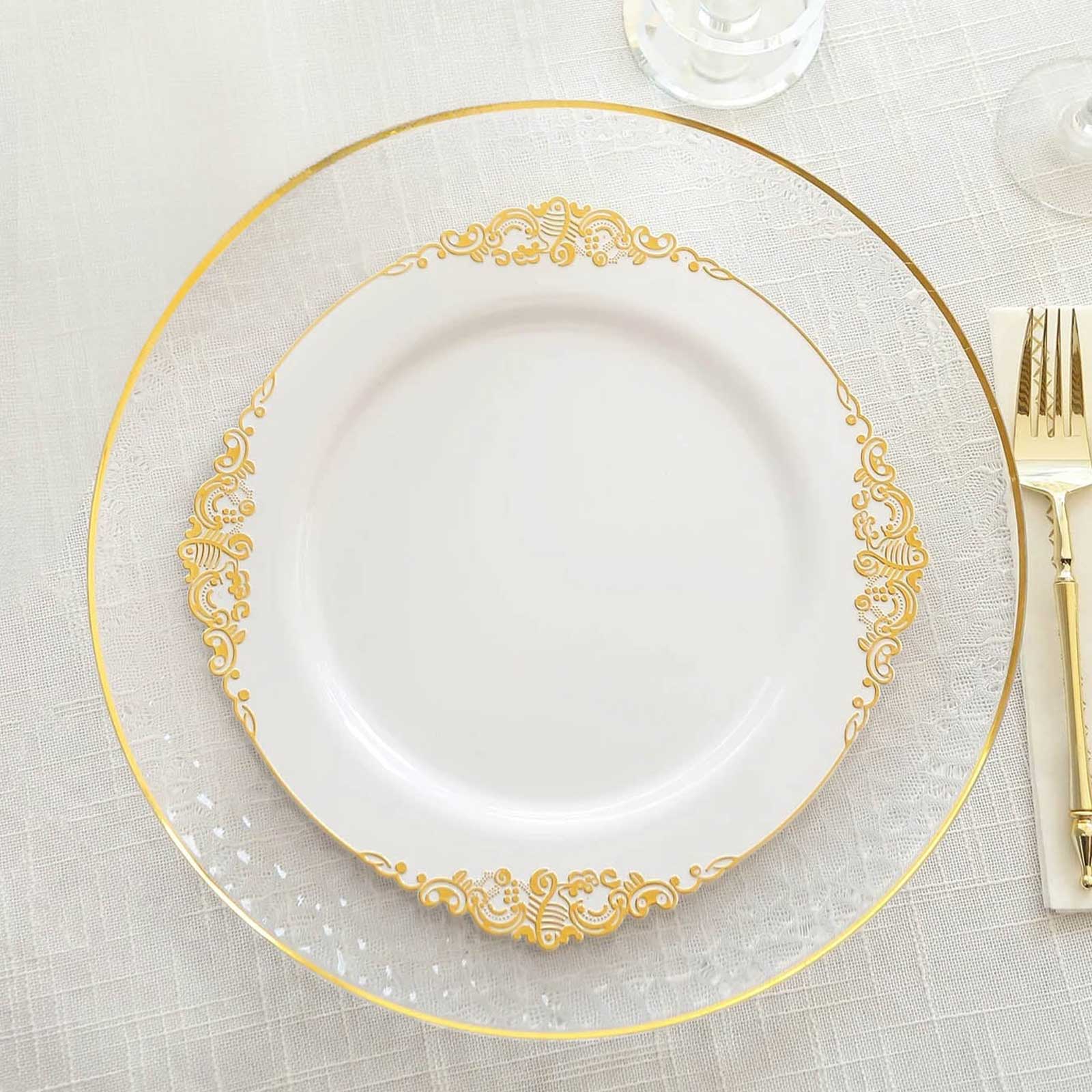 10 - Pack Plastic 10" Round Dinner Plates in White with Gold Leaf Embossed Rim - Disposable Vintage Baroque Style Plates for Luxurious Gatherings & Events - Bell Racket Store