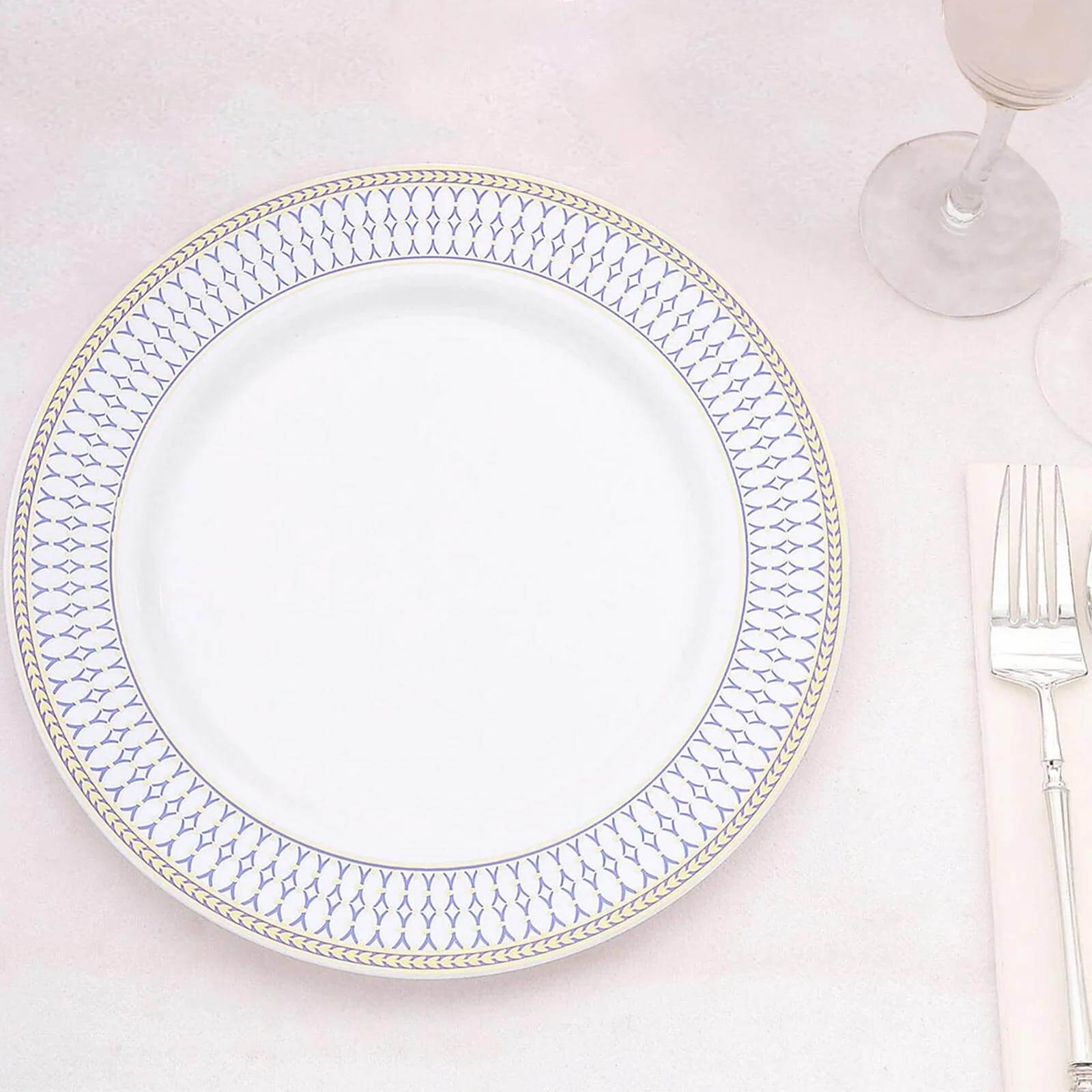 10 - Pack Plastic 10" Round Dinner Plates in White with Gold Navy Blue Chord Rim - Renaissance Style Disposable Plates for Events & Banquets - Bell Racket Store
