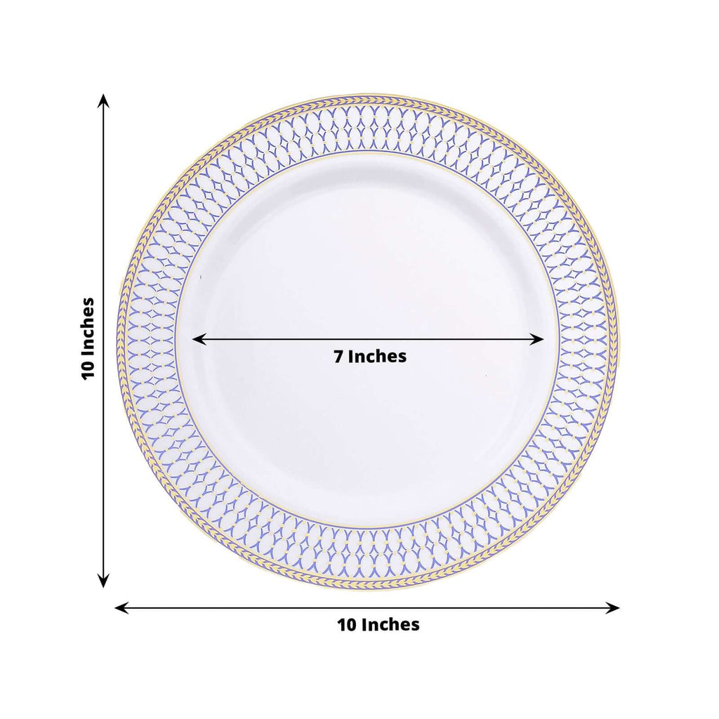 10 - Pack Plastic 10" Round Dinner Plates in White with Gold Navy Blue Chord Rim - Renaissance Style Disposable Plates for Events & Banquets - Bell Racket Store