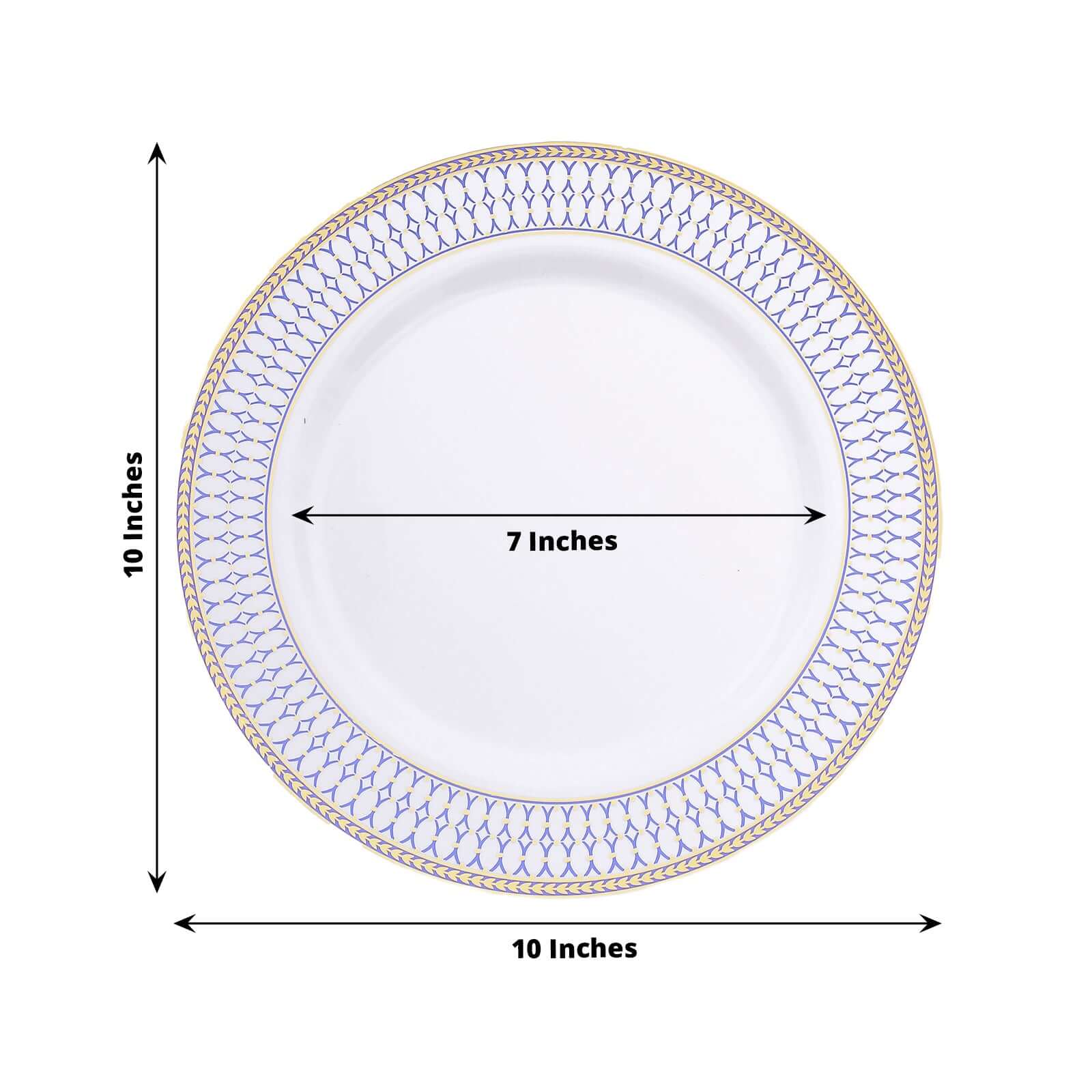 10 - Pack Plastic 10" Round Dinner Plates in White with Gold Navy Blue Chord Rim - Renaissance Style Disposable Plates for Events & Banquets - Bell Racket Store