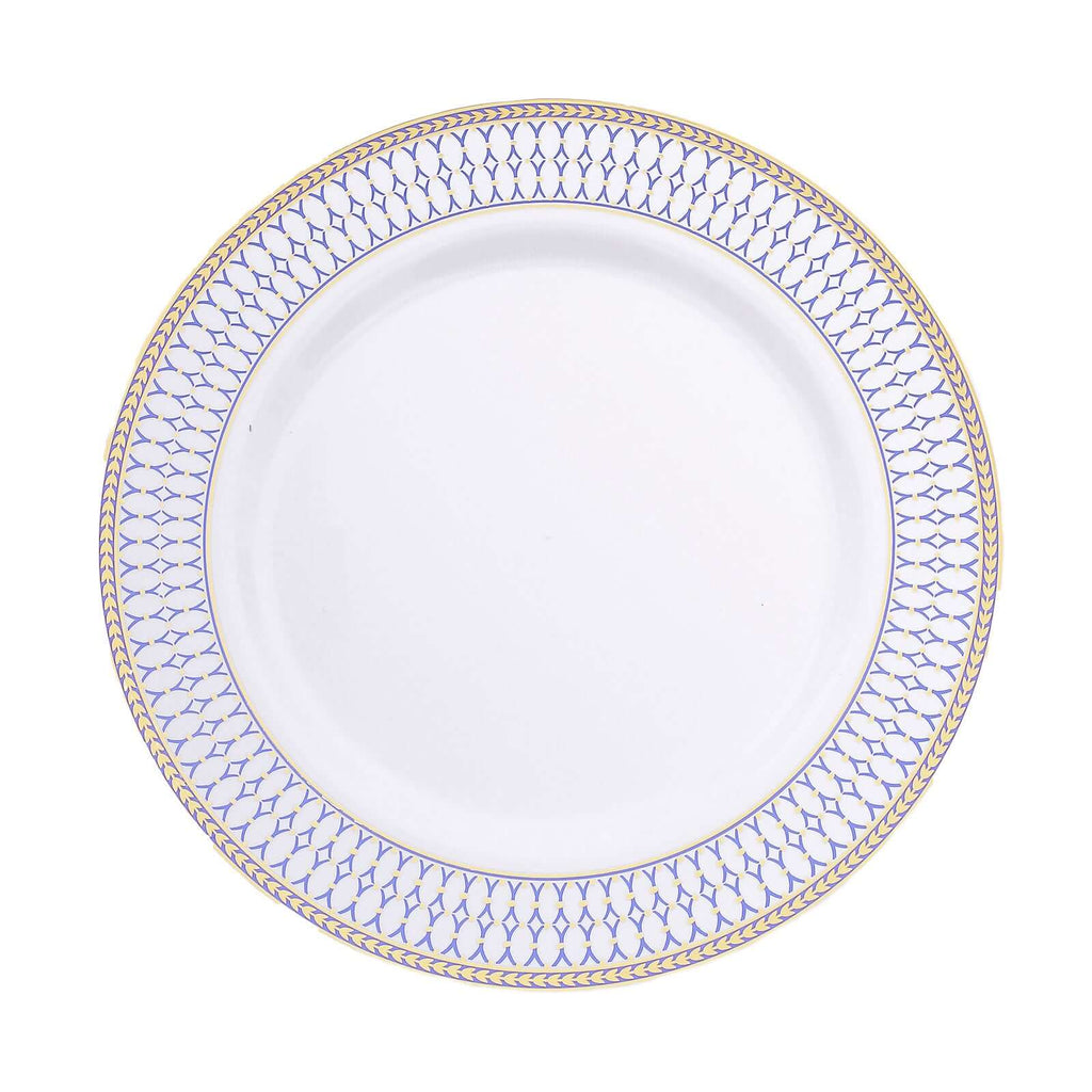 10 - Pack Plastic 10" Round Dinner Plates in White with Gold Navy Blue Chord Rim - Renaissance Style Disposable Plates for Events & Banquets - Bell Racket Store