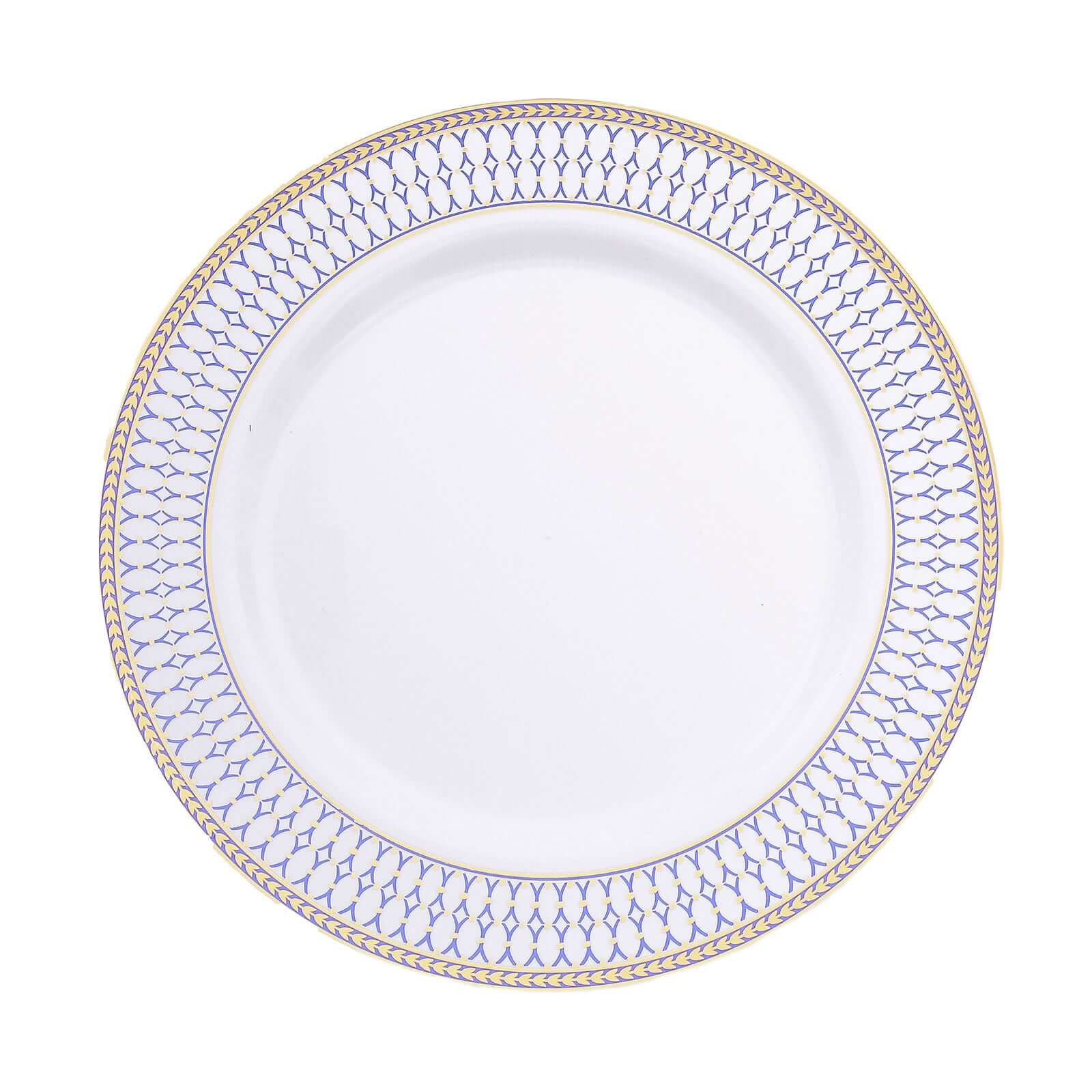 10 - Pack Plastic 10" Round Dinner Plates in White with Gold Navy Blue Chord Rim - Renaissance Style Disposable Plates for Events & Banquets - Bell Racket Store