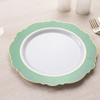 10 - Pack Plastic 10" Round Dinner Plates in White with Hunter Emerald Green Blossom Design & Gold Edging - Disposable Party Plates - Bell Racket Store