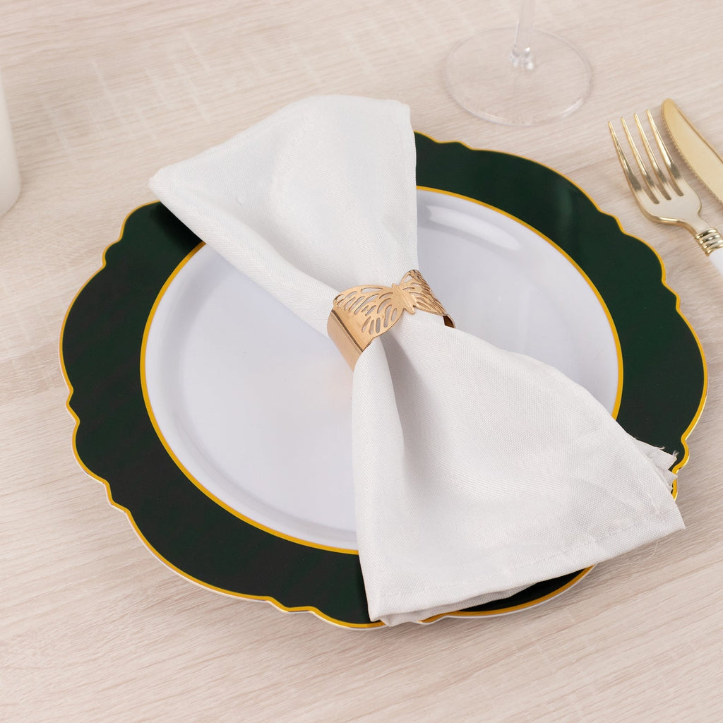 10 - Pack Plastic 10" Round Dinner Plates in White with Hunter Emerald Green Blossom Design & Gold Edging - Disposable Party Plates - Bell Racket Store