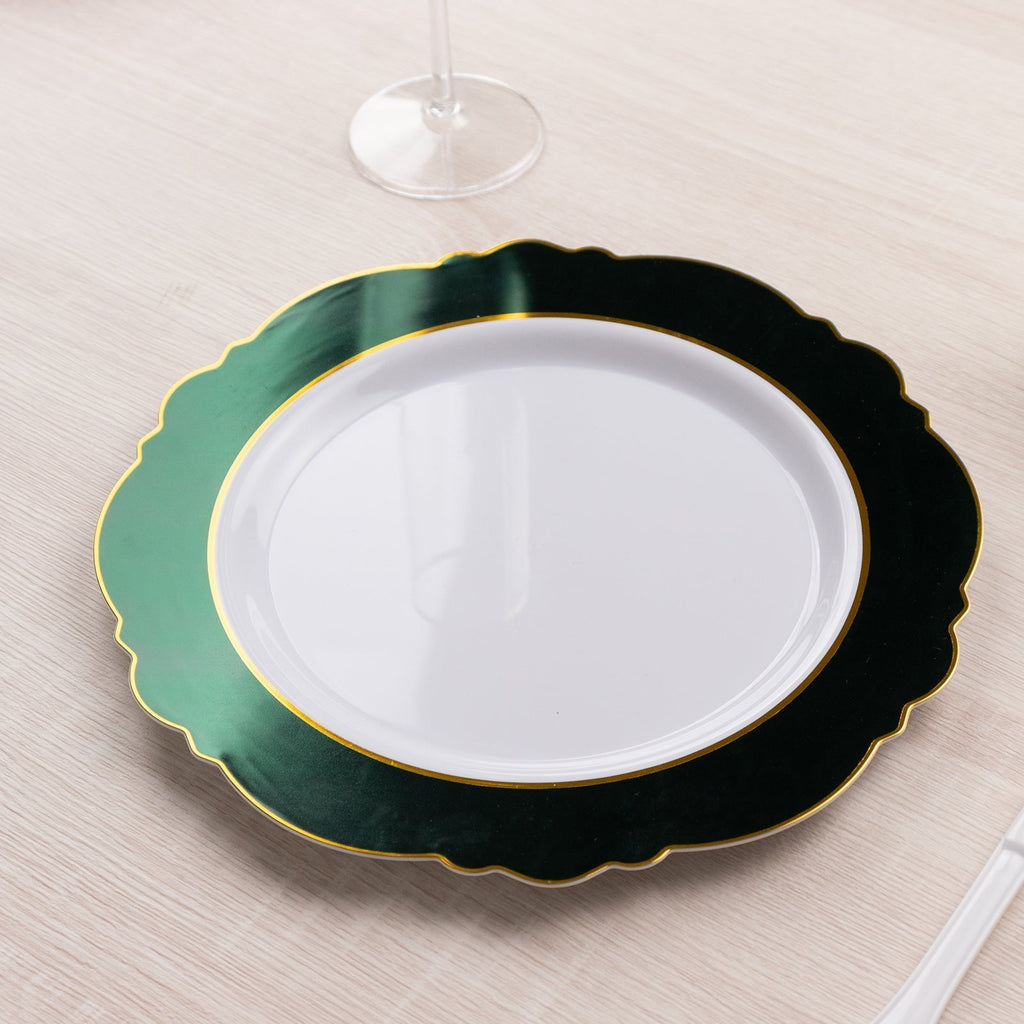 10 - Pack Plastic 10" Round Dinner Plates in White with Hunter Emerald Green Blossom Design & Gold Edging - Disposable Party Plates - Bell Racket Store