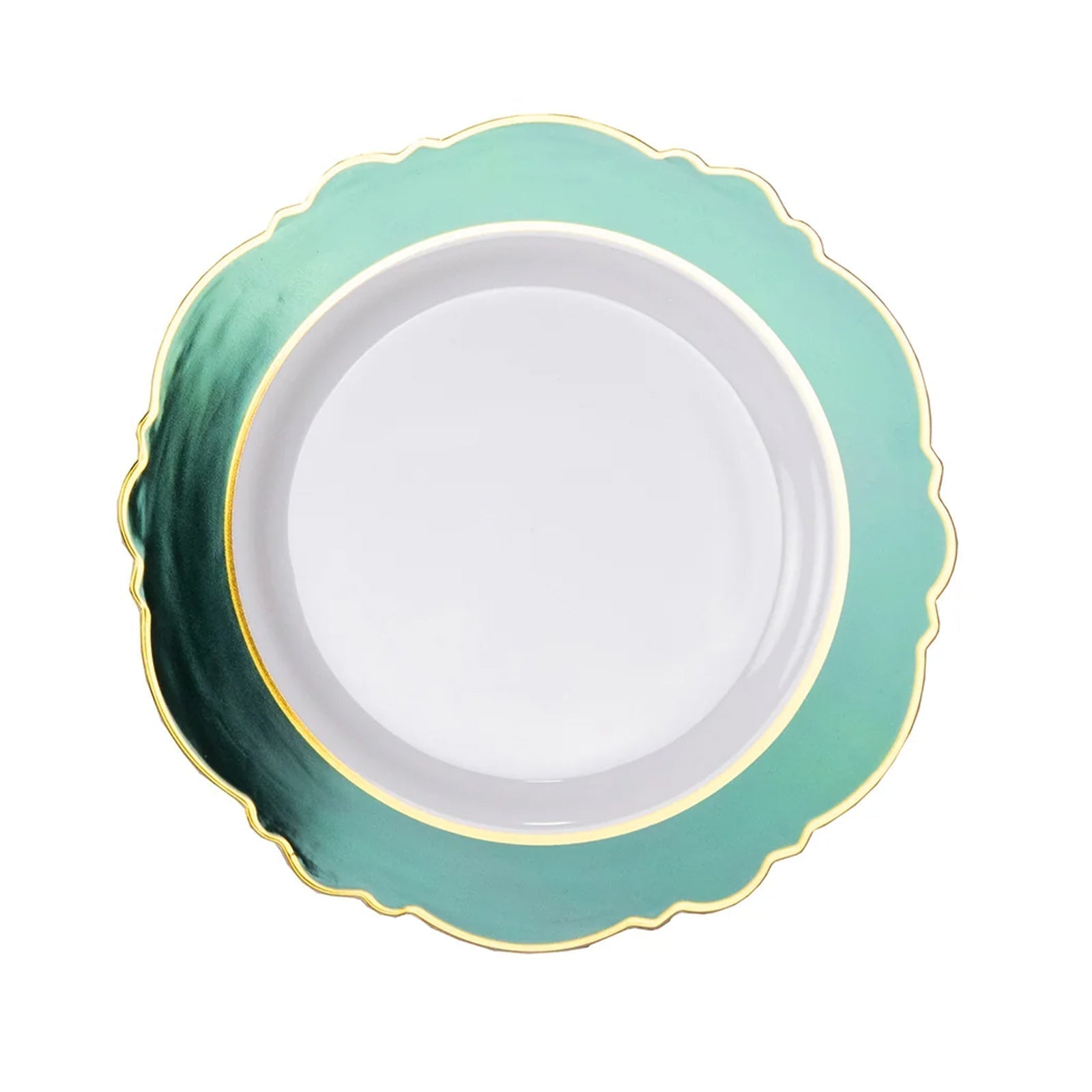 10 - Pack Plastic 10" Round Dinner Plates in White with Hunter Emerald Green Blossom Design & Gold Edging - Disposable Party Plates - Bell Racket Store