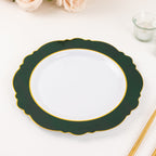10 - Pack Plastic 10" Round Dinner Plates in White with Hunter Emerald Green Blossom Design & Gold Edging - Disposable Party Plates - Bell Racket Store