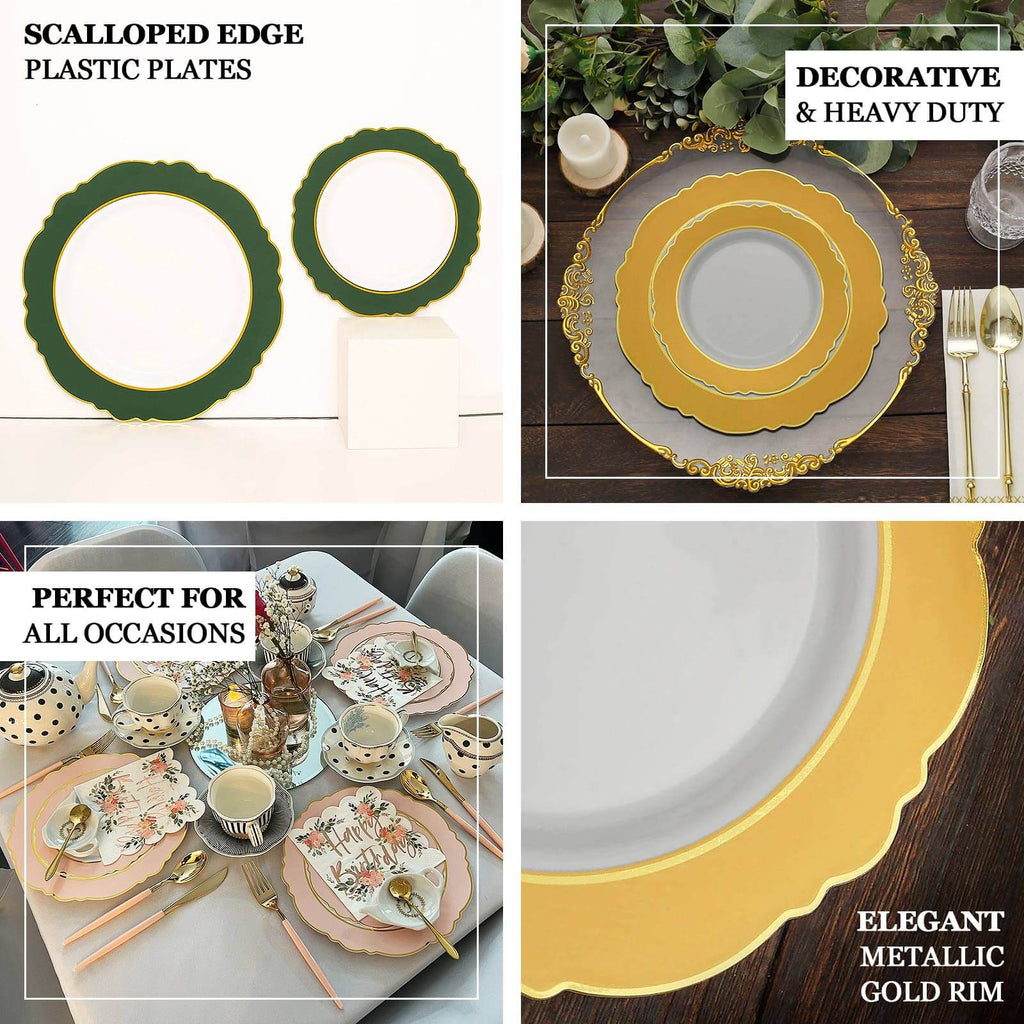 10 - Pack Plastic 10" Round Dinner Plates in White with Hunter Emerald Green Blossom Design & Gold Edging - Disposable Party Plates - Bell Racket Store