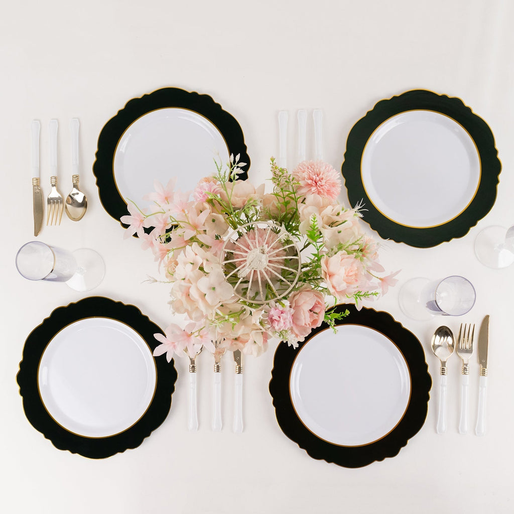 10 - Pack Plastic 10" Round Dinner Plates in White with Hunter Emerald Green Blossom Design & Gold Edging - Disposable Party Plates - Bell Racket Store