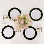 10 - Pack Plastic 10" Round Dinner Plates in White with Hunter Emerald Green Blossom Design & Gold Edging - Disposable Party Plates - Bell Racket Store