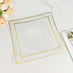 10 - Pack Plastic 10" Square Dinner Plates in Clear Concave Style with Gold Rim - Modern Disposable Party Plates - Bell Racket Store