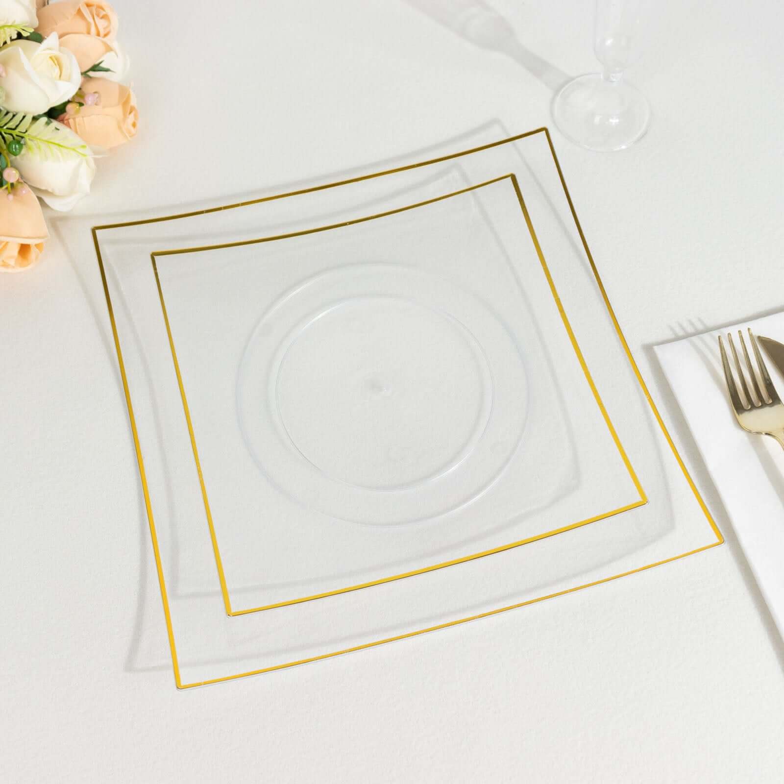 10 - Pack Plastic 10" Square Dinner Plates in Clear Concave Style with Gold Rim - Modern Disposable Party Plates - Bell Racket Store
